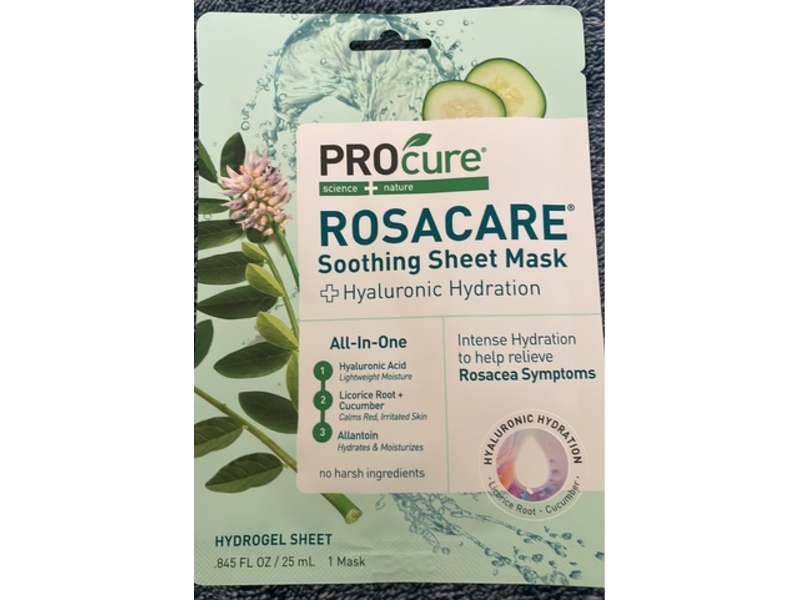 PROcure Rosacare Soothing Sheet Mask, Hyaluronic Hydration, 0.845 fl oz/25 mL, Pack Of 5