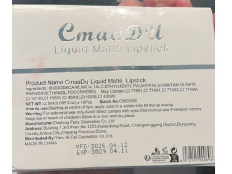 Cmaa DU Liquid Matte Lipstick Set, 0.085 fl oz/2.5 mL, Pack Of 10