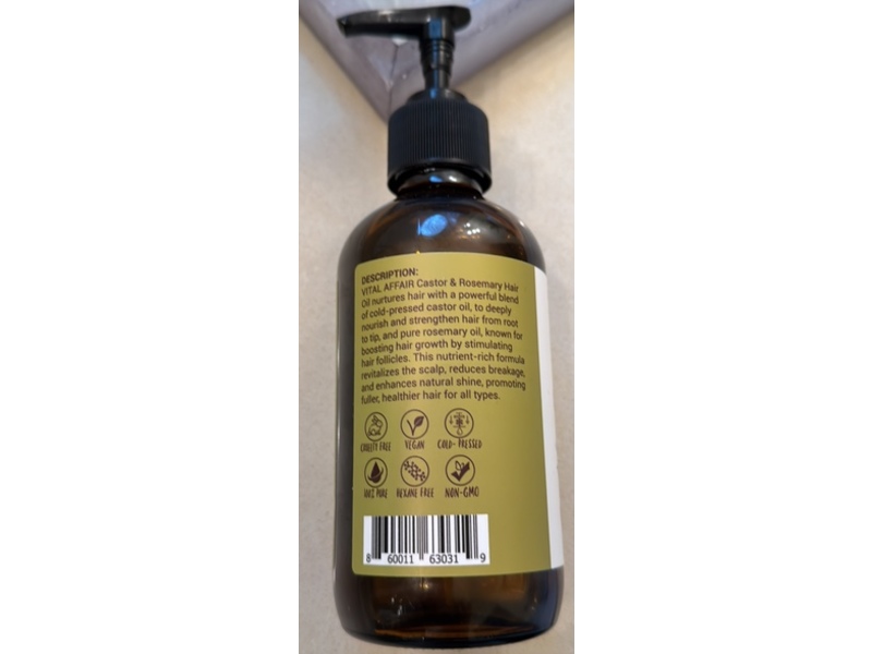 Vital Affair Organic Castor Oil, Rosemary Oil, 8 fl oz/240 mL