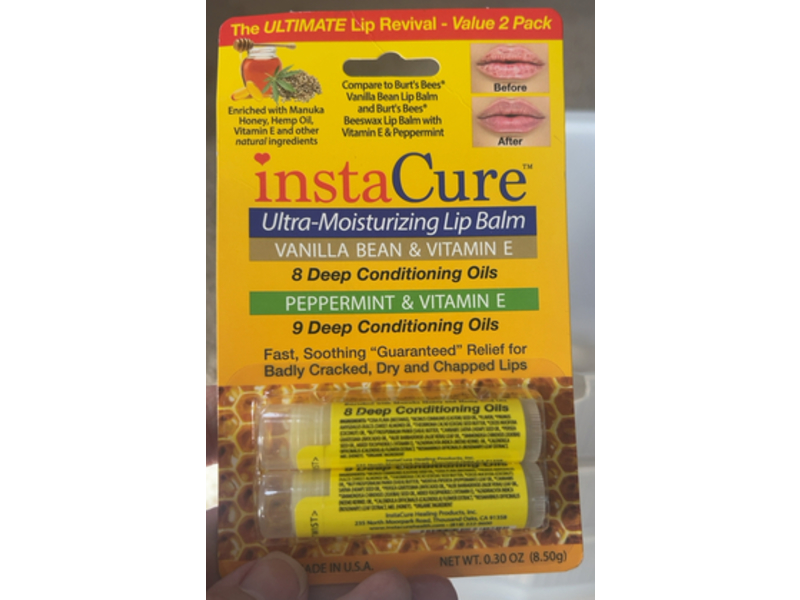 Instacure Ultra - Moisturizing Lip Balm, Vanilla Bean, Peppermint & Vitamin E, 0.30 oz/8.50 g, Pack Of 2
