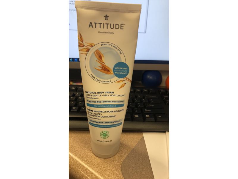 Attitude Unscented Natural Body Cream, Extra Gentle Daily Moisturizer, 8 fl oz / 240 mL