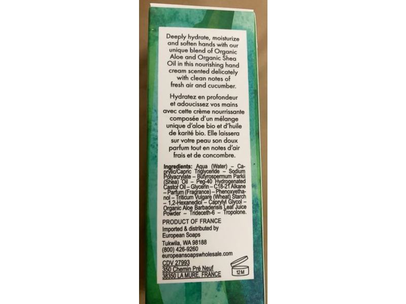 Pre de Provence Aloe Collection Hydrating Hand Cream, Fresh Cucumber Scent, 1.6 oz/50 mL