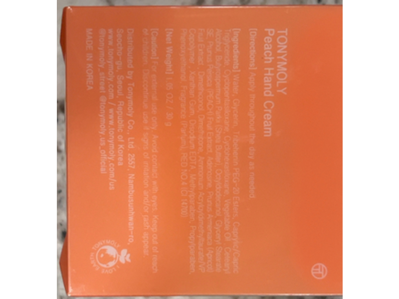 Tonymoly Peach Hand Cream , 1.05 fl oz