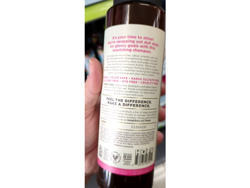 Soapbox Keratin Shine Boosting Nourishing Shampoo, Argan & Raspberry Seed Oil, 16 fl oz/473 mL, Pack Of 3