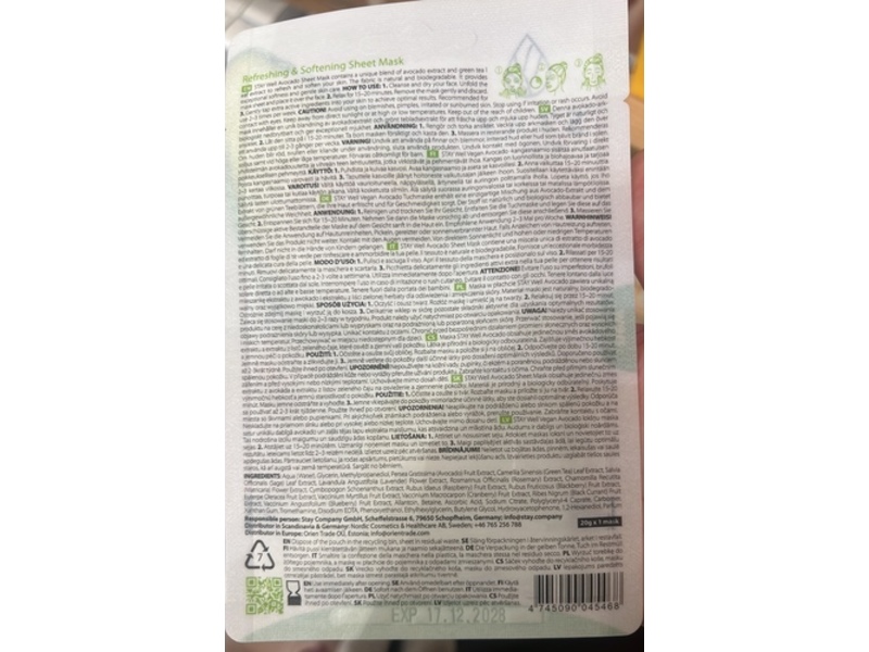 Stay Well Avocado Refreshing & Softening Sheet Mask, 20 g, 1 Count