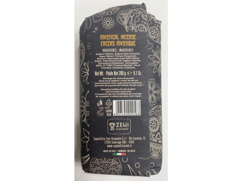 Saponificio Zeni Diamante Mystical Incense Fine Triple Milled Vegetal Soap Bar, 9.1 oz/260 g
