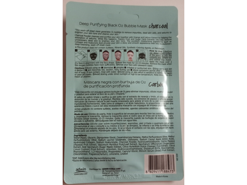 Purederm Deep Purifying Black O2 Bubble Mask, Charcoal, 0.70 oz/20 g