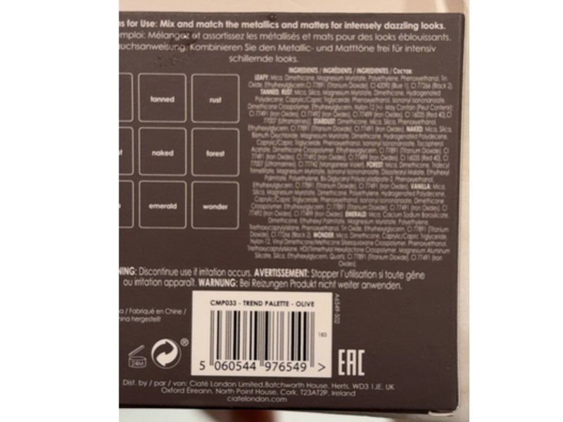 Ciate London 9 Piece Eyeshadow Trend Palette, Olive, 0.38 oz/10.8 g