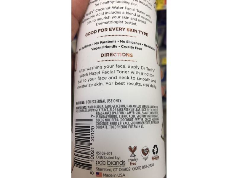 Dr Teal's Witch Hazel Facial Toner, Coconut Water, 16 fl oz/473 mL
