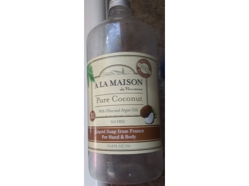 A La Maison De Provence Pure Coconut Liquid Soap For Hand & Body, Olive And Argan Oils, 33.8 fl oz/1 L