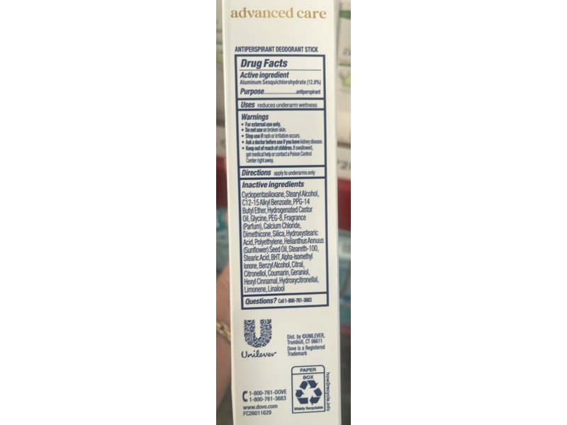 Dove Advanced Care Antiperspirant Deodorant, Cool Essentials, 2.6 oz/74 g, Pack Of 4