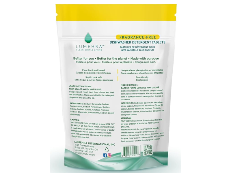 Lumehra Dishwasher Detergent Tablets, Fragrance Free, 16.93 oz/480 g, 30 Tablets