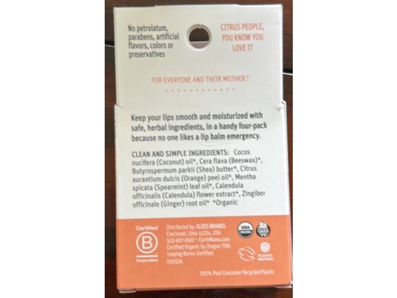 Earth Mama Organic Quadruplets Lip Balm, Citrus Twist, 0.13 oz/3.8 g, Pack of 4