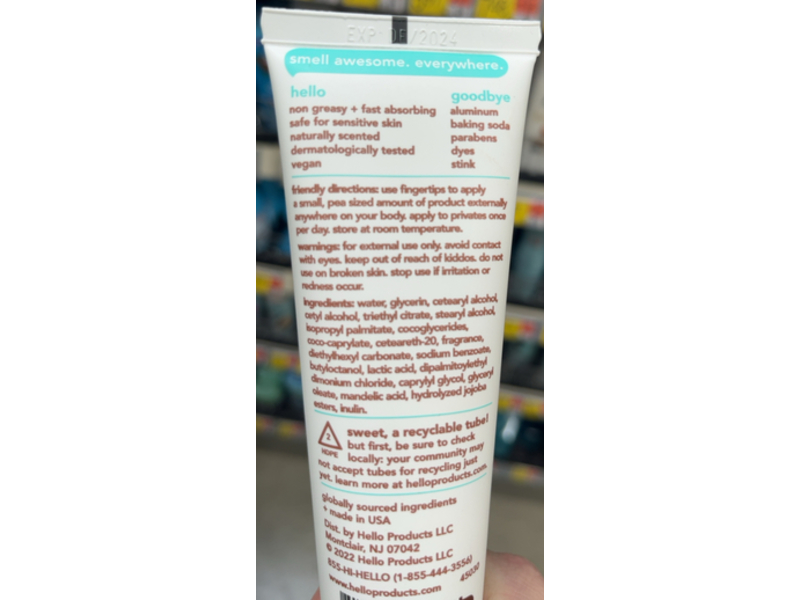 hello All Over Deodorant Cream, Sweet Coconut, 3 oz/85 g