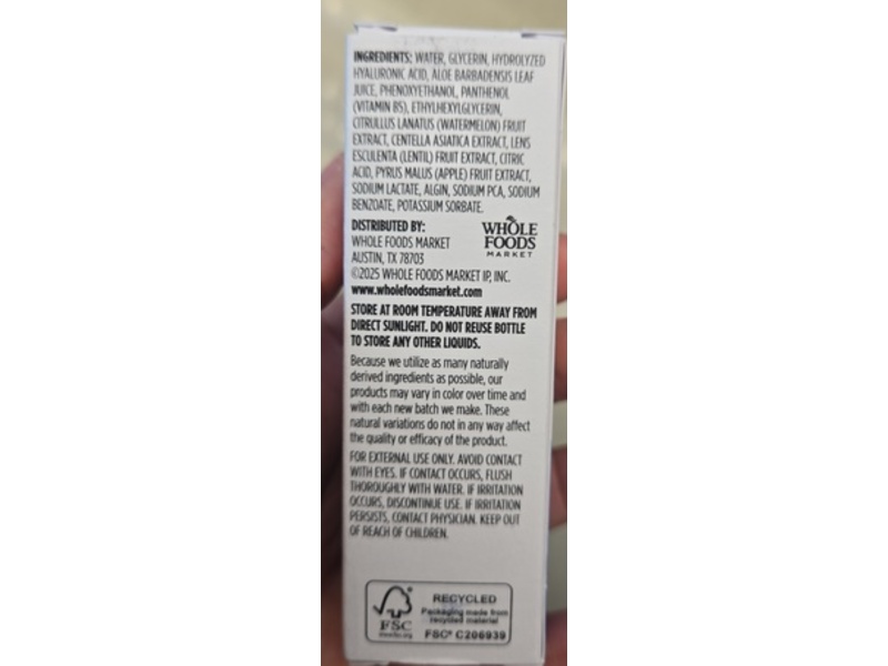 365 By Whole Foods Market Hyaluronic Acid Serum, Watermelon Fruit Extract, Vitamin B5 & Centella Asiatica Extract, 1 fl oz/30 mL