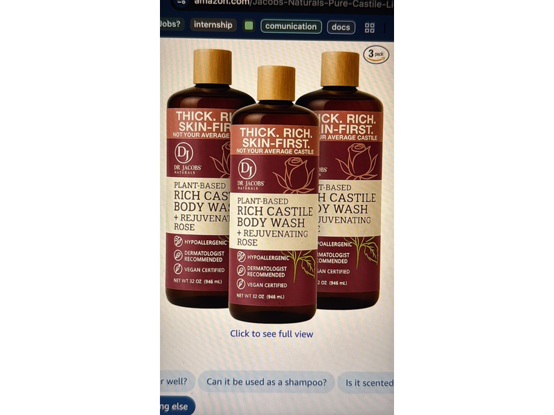 Dr. Jacobs Naturals Rich Castile Body Wash, Rejuvenating Rose, 32 oz/946 mL