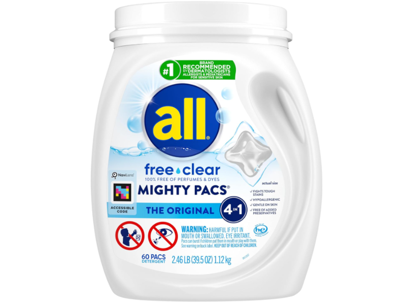All 4 In 1 Free Clear Mighty Pacs Detergent Pacs, The Original, 39.5 oz/1.12 kg, 60 Count