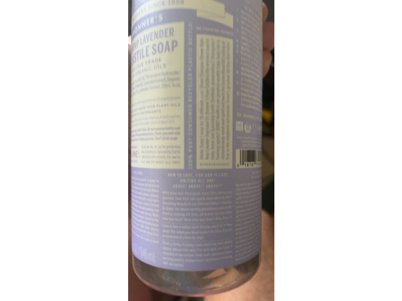 Dr.Bonner's 18-In-1 Hemp Lavender Pure-Castile Soap, Organic Oils, 32 fl oz/946 mL
