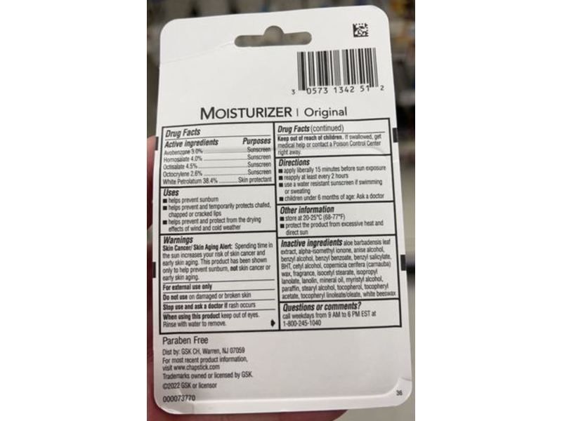 ChapStick Moisturizer 2 In 1 Lipcare, Original, SPF 12, 0.15 oz/4 g