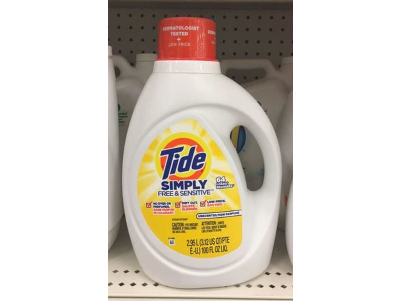 Tide Simply Free & Sensitive Laundry Detergent, Unscented, 64 Loads, 100 fl oz/2.95 L