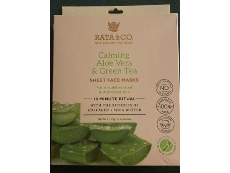 Rata & Co. Calming Sheet Face Masks, Aloe Vera & Green Tea, 5 Count