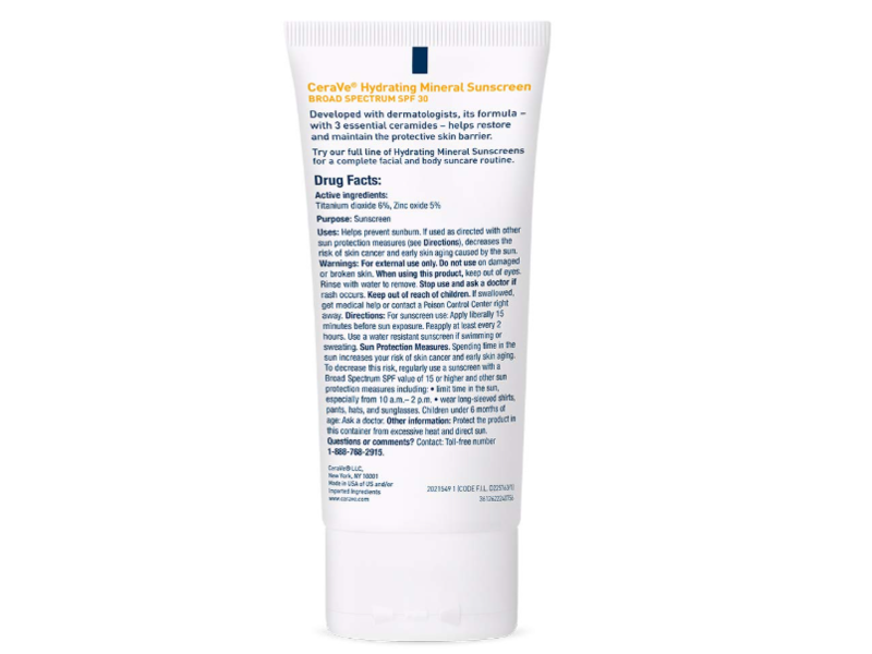CeraVe Hydrating Mineral Sunscreen Face Lotion, SPF 30, 2.5 fl oz/75 mL