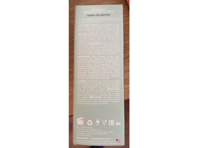 Be Care Love Spa Botanical Body Cream, Green Tea Revive, 3 fl oz/88 mL