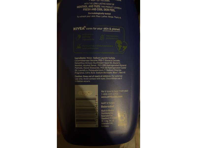 Nivea Men Cool Body Wash, Menthol & Yuzu, 30 fl oz/887 mL
