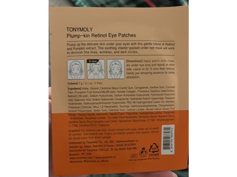 TonyMoly Retinol Eye Patches, Plump-Kin, 0.1 fl oz/3 g, 1 Count