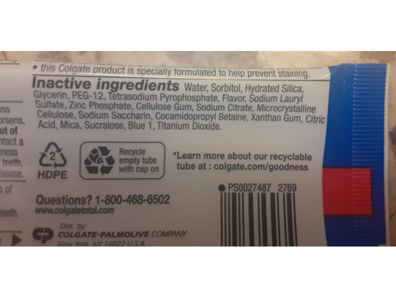 Colgate Total Whole Mouth Health Toothpaste Gel, Whitening, 5.1 oz/144 g