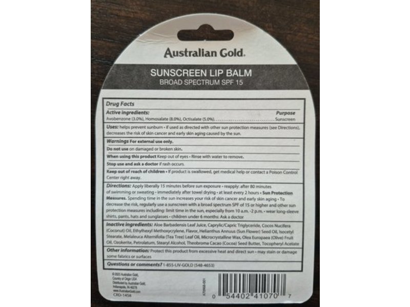 Australian Gold Sunscreen Lip Balm, SPF 15, Tropical Flavor, 0.30 oz/8.4 g, Pack Of 2