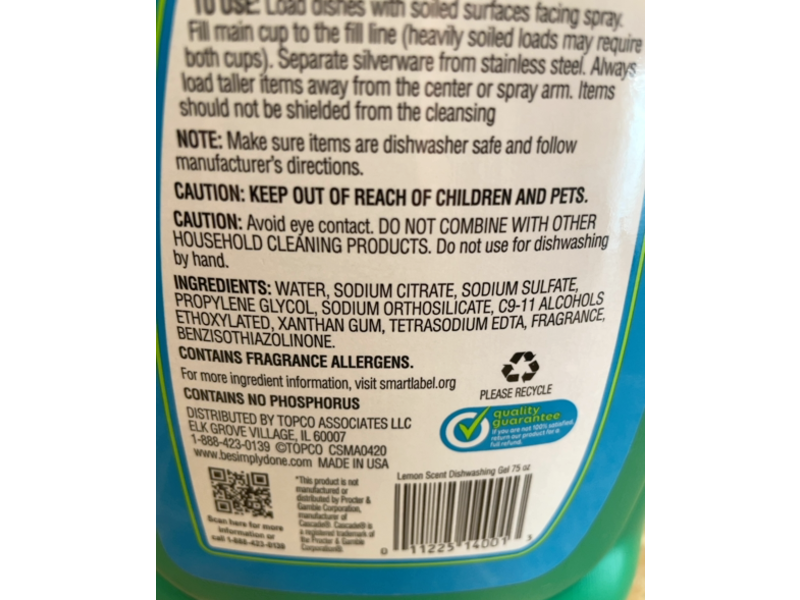 Simply Done Automatic Dishwashing Gel, Lemon Scent, 75 oz/2.12 Kg