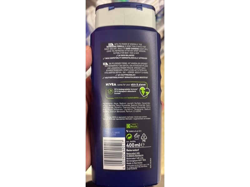 Nivea Men Sport 3 In 1 Revitalising + Minerals Shower Gel, 400 mL