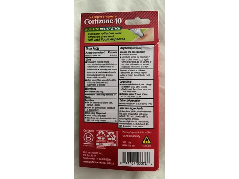 Cortizone-10 Bug Bite Relief Stick Roll-On, 0.75 fl oz/22.2 mL, Pack Of 4
