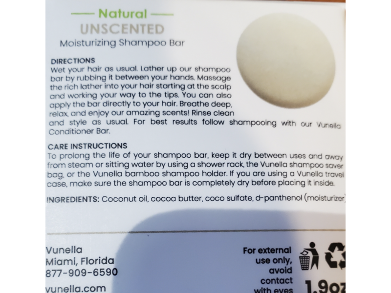 Vunella Moisturizing Shampoo Bar, Unscented, 1.9 oz