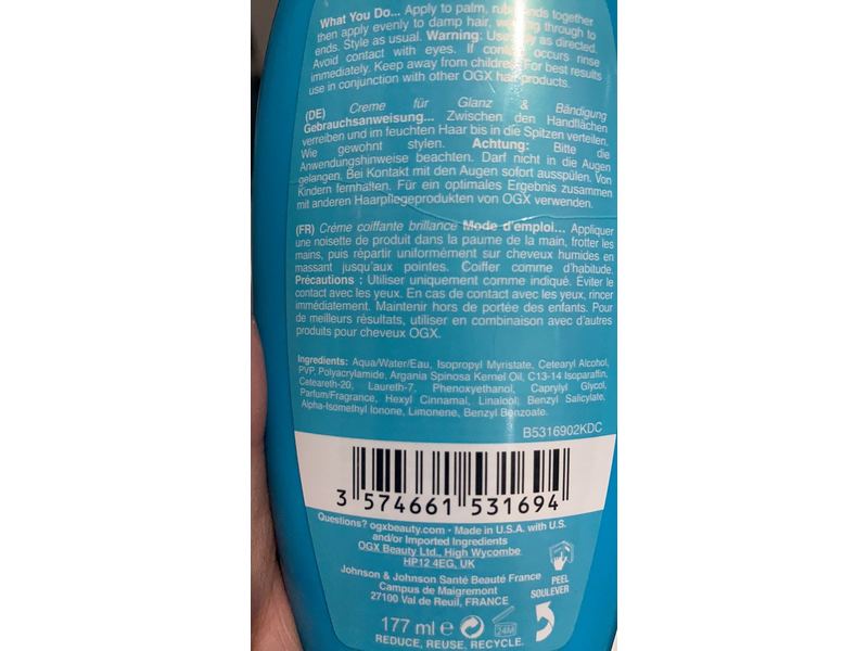 Ogx Tame & Shine Cream, Argan Oil Of Morocco, 6 oz/177 mL