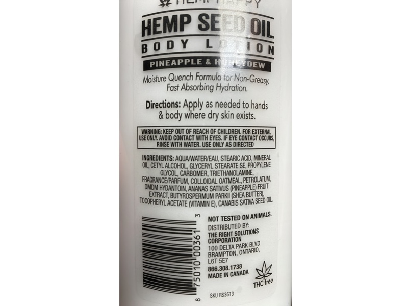 Hemp Happy Hemp Seed Oil Body Lotion, Pineapple Honey Dew, 12 fl oz/355 mL