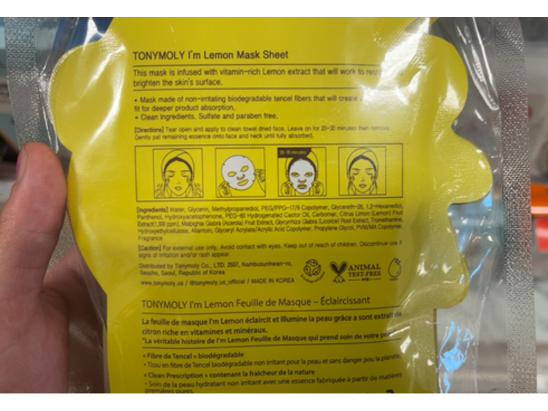 Tonymoly I'm Lemon Mask Sheet, Brightening, 0.74 oz/21 g