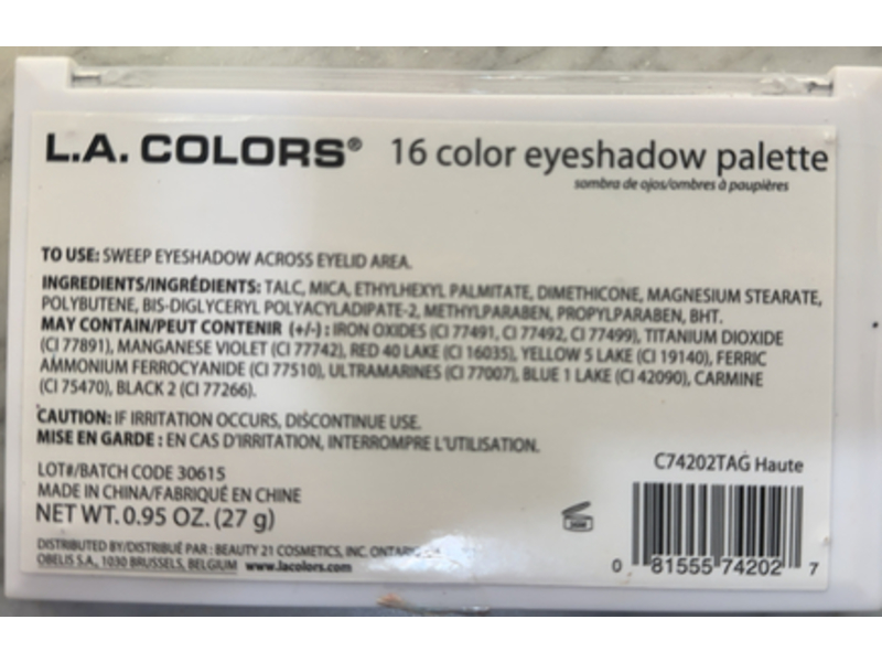 L.A. Colors 16 Color Eyeshadow Palette, Haute, 0.95 oz/27 g
