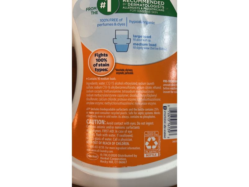 All Liquid Laundry Detergent, Free & Clear, Unscented, 90 Loads, 80.1 fl oz/2.36 L