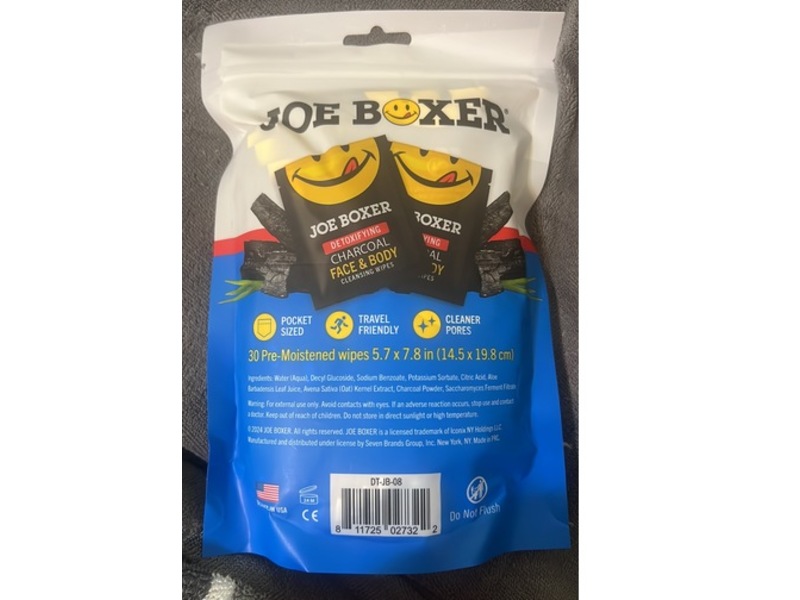 Joe Boxer Detoxifying Face & Body Cleansing Wipes, Charcoal, 30 Count