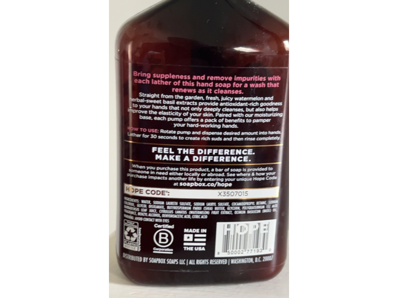 Soapbox Moisturizing Hand Soap, Watermelon + Basil, 8 fl oz/237 mL