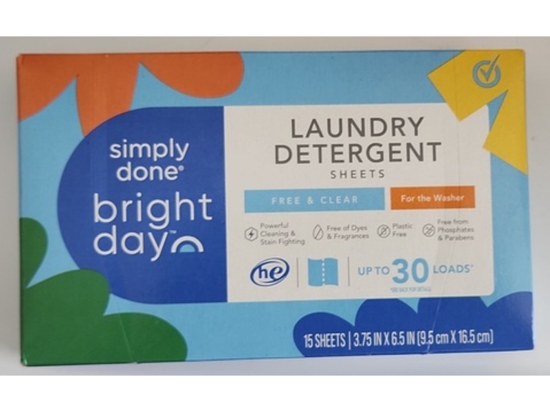Simply Done Bright Day Laundry Detergent, Free & Clear, 30 Loads, 15 Sheets