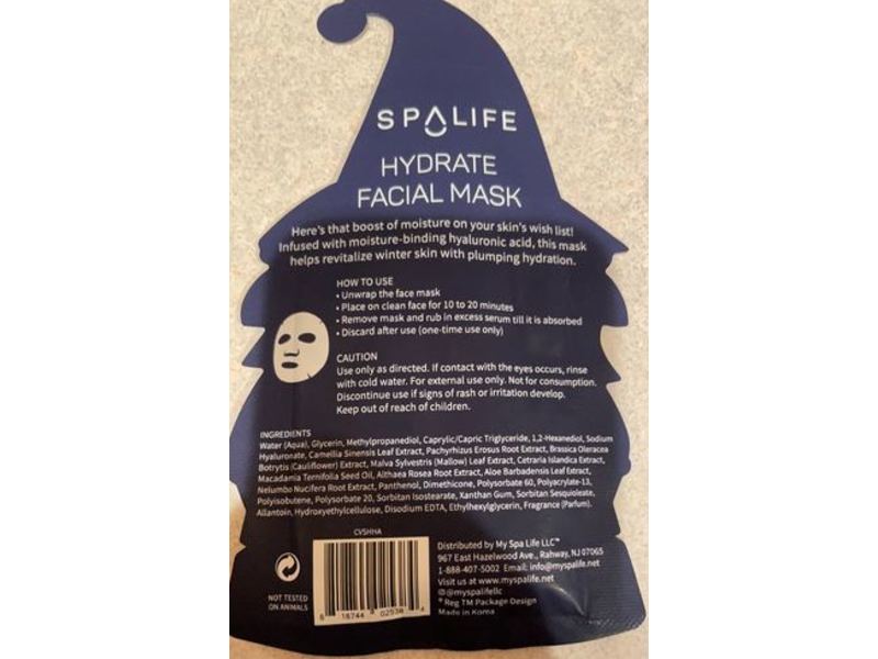 SpaLife Hydrate Facial Mask, Hyaluronic Acid, 0.81 oz/2.3 g