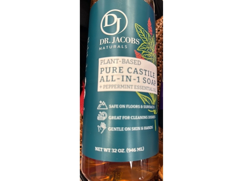 Dr. Jacobs Naturals Plant-Based Pure Castile All In 1 Soap, Peppermint Essential Oil, 32 oz/946 mL