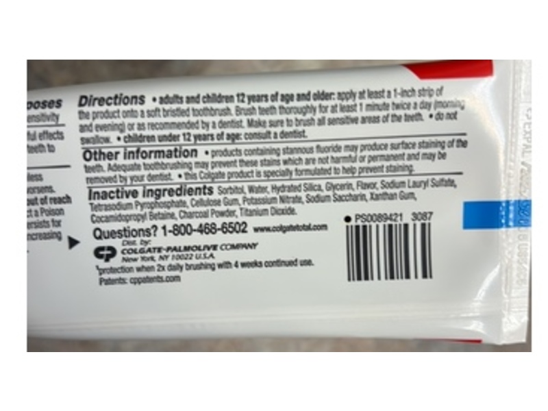 Colgate Total Active Prevention Whitening Toothpaste, Charcoal, 5.1 oz/144 g
