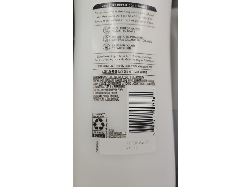 Suave Moisture Repair Conditioner, Hyaluronic Acid & Aloe Vera, 28 fl oz/828 mL, Pack Of 4