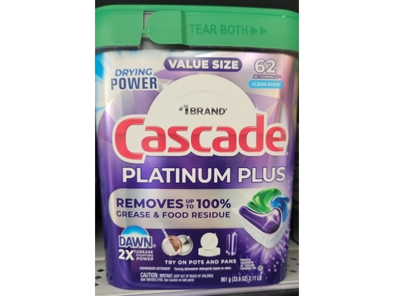 Cascade Platinum Plus Dishwasher Detergent Pods, Clean Scent, 33.8 oz/961 g, 62 Count