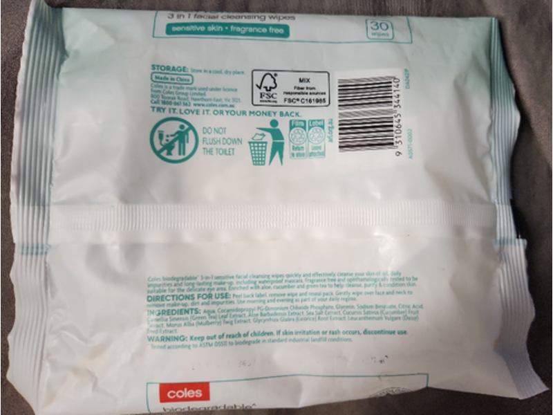 Coles Biodegradable Sensitive 3 In 1 Facial Cleansing Wipes, Fragrance Free, 30 Wipes