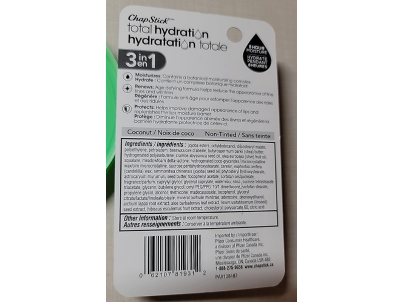 ChapStick Total Hydration 3-in-1 Lip Balm, Coconut, 3.5 g